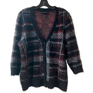 LANE BRYANT Eyelash Cardigan Sweater SIZE 14/16 Plaid Button Front 3/4 Sleeves